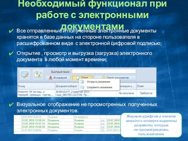 Необходимый функционал при работе с электронными документами Все отправленные и полученные электронные