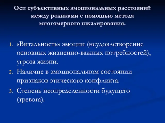 Оси субъективных эмоциональных расстояний между роликами с помощью метода многомерного шкалирования. «Витальность»