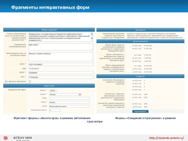 Фрагменты интерактивных форм http://students.extech.ru/ ФГБНУ НИИ РИНКЦЭ