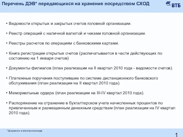 Перечень ДЭВ* передающихся на хранение посредством СХОД *Документы в электронном виде Ведомости