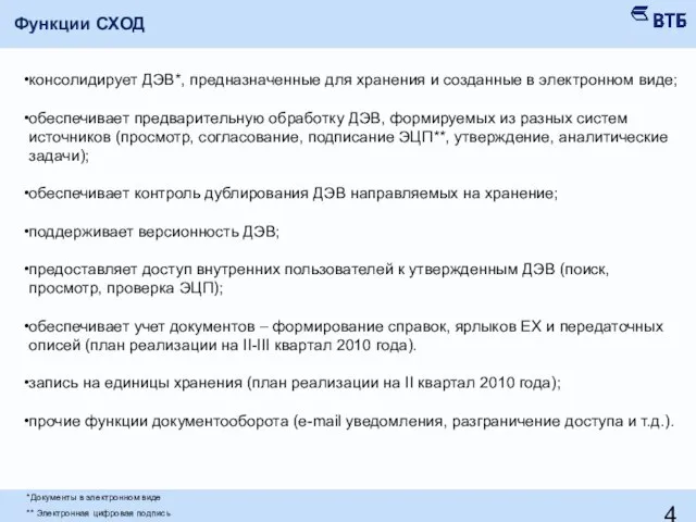 Функции СХОД *Документы в электронном виде ** Электронная цифровая подпись консолидирует ДЭВ*,