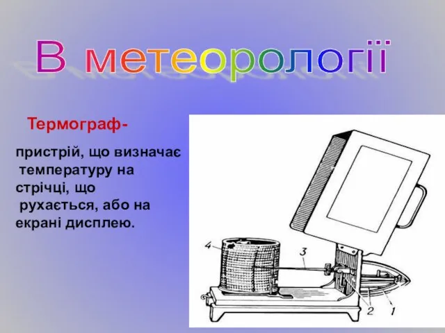 пристрій, що визначає температуру на стрічці, що рухається, або на екрані дисплею. В метеорології Термограф-