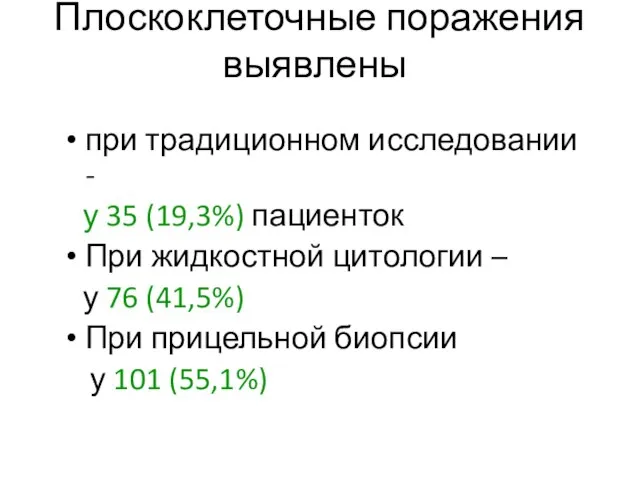 Плоскоклеточные поражения выявлены при традиционном исследовании - у 35 (19,3%) пациенток При