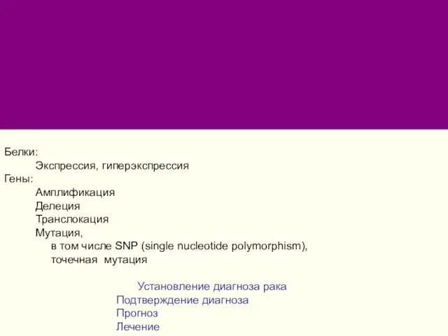 Белки: Экспрессия, гиперэкспрессия Гены: Амплификация Делеция Транслокация Мутация, в том числе SNP