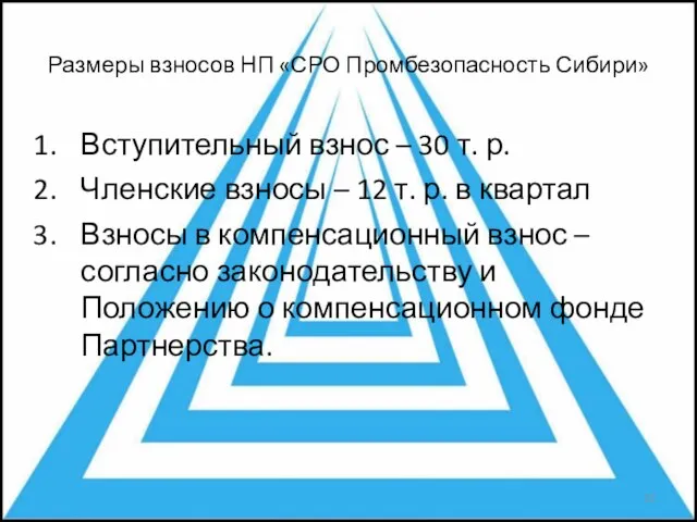 Размеры взносов НП «СРО Промбезопасность Сибири» Вступительный взнос – 30 т. р.