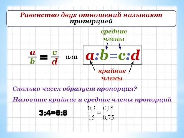 Равенство двух отношений называют пропорцией a:b=c:d крайние члены средние члены или Назовите