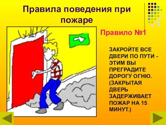 Правила поведения при пожаре ЗАКРОЙТЕ ВСЕ ДВЕРИ ПО ПУТИ - ЭТИМ ВЫ