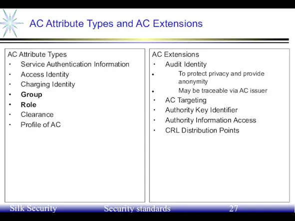 June 21-24, 2004 Silk Security Workshop Security standards AC Attribute Types and