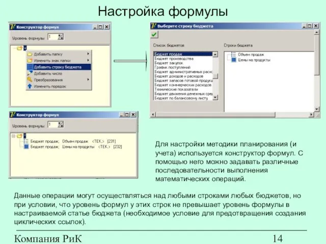 Компания РиК (www.rik-company.ru) Настройка формулы Для настройки методики планирования (и учета) используется