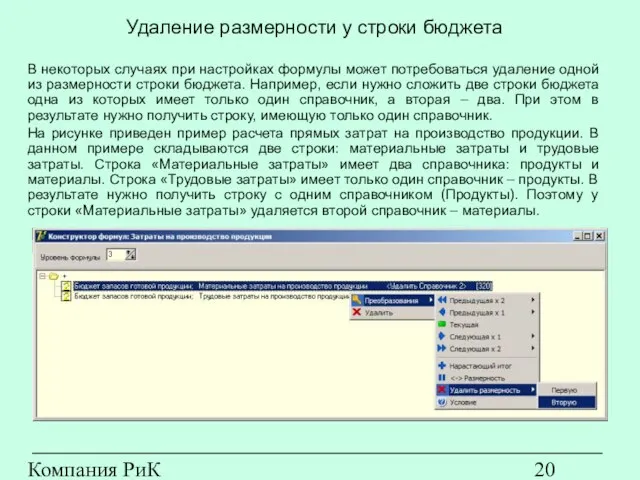 Компания РиК (www.rik-company.ru) Удаление размерности у строки бюджета В некоторых случаях при