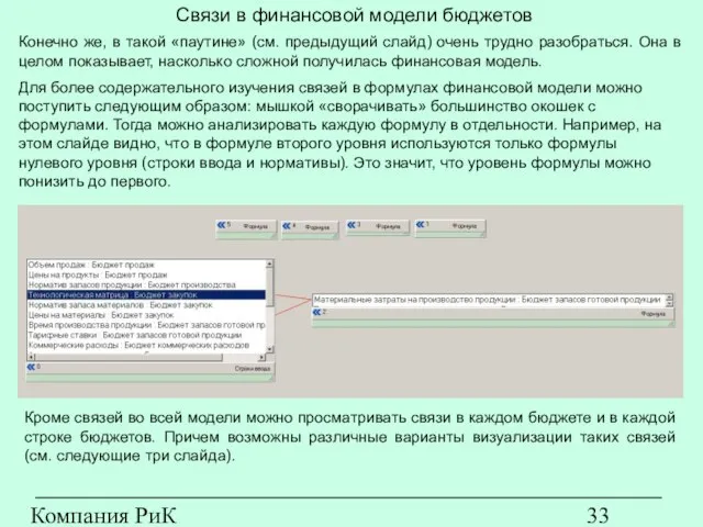 Компания РиК (www.rik-company.ru) Связи в финансовой модели бюджетов Конечно же, в такой