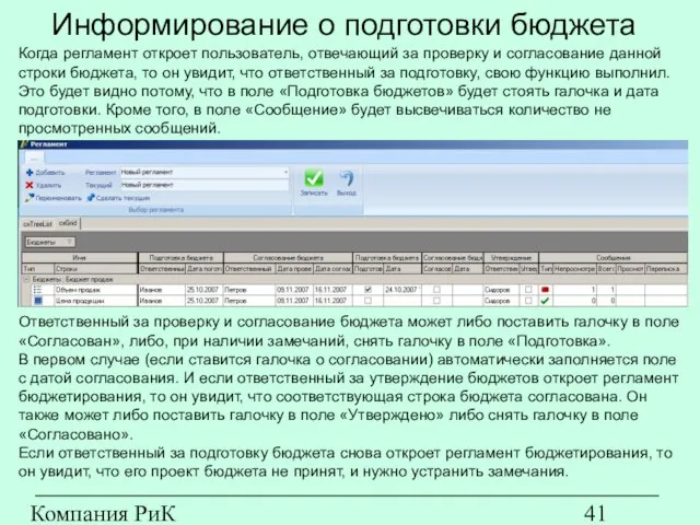 Компания РиК (www.rik-company.ru) Информирование о подготовки бюджета Когда регламент откроет пользователь, отвечающий