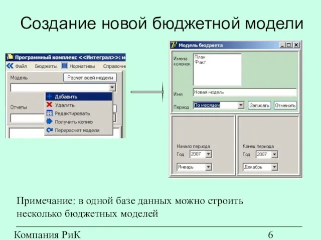 Компания РиК (www.rik-company.ru) Создание новой бюджетной модели Примечание: в одной базе данных