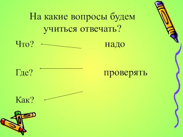 На какие вопросы будем учиться отвечать? Что? надо Где? проверять Как?