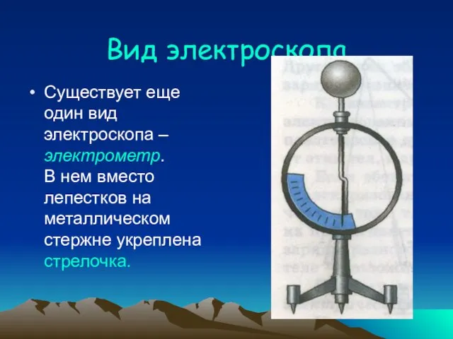 Вид электроскопа Существует еще один вид электроскопа – электрометр. В нем вместо