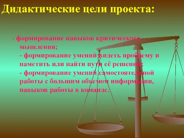 Дидактические цели проекта: - формирование навыков критического мышления; - формирование умений видеть