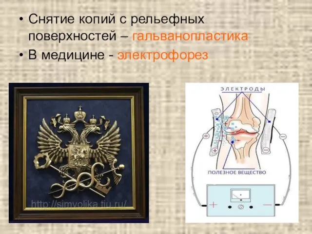 Снятие копий с рельефных поверхностей – гальванопластика В медицине - электрофорез