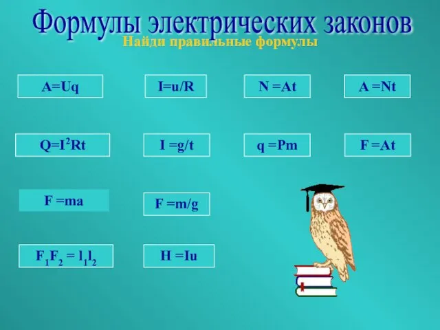 Найди правильные формулы Формулы электрических законов A=Uq Q=I2Rt F1F2 = l1l2 I=u/R