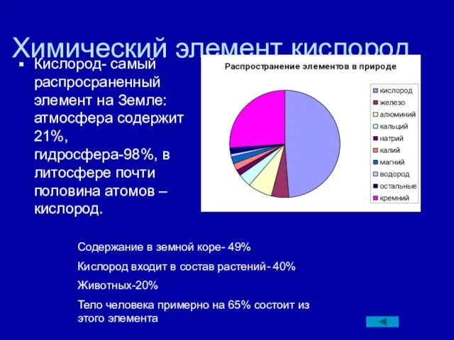 Химический элемент кислород Кислород- самый распросраненный элемент на Земле: атмосфера содержит 21%,