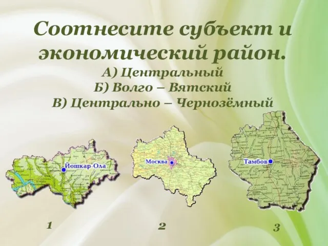 Соотнесите субъект и экономический район. А) Центральный Б) Волго – Вятский В)