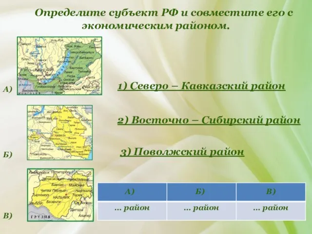 Определите субъект РФ и совместите его с экономическим районом. А) 1) Северо