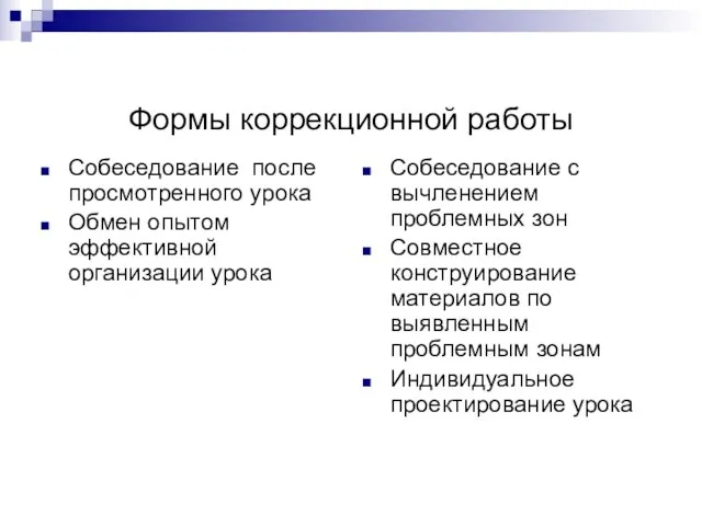 Формы коррекционной работы Собеседование после просмотренного урока Обмен опытом эффективной организации урока