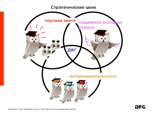 Стратегические цели Illustration unter Verwendung von: http://nest.csusb.edu/graphics/owl.gif научная элита поддержка молодых ученых ДФГ интернациональность