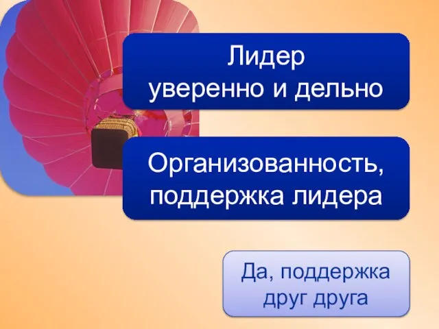 Лидер уверенно и дельно Да, поддержка друг друга Организованность, поддержка лидера