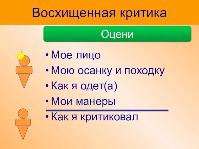 Восхищенная критика Мое лицо Мою осанку и походку Как я одет(а) Мои