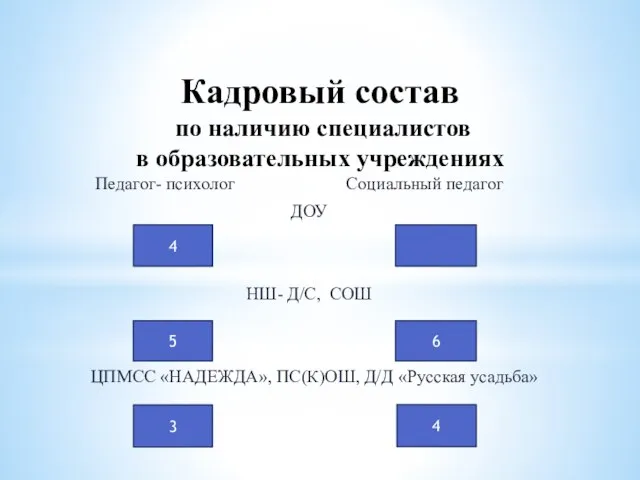 Кадровый состав по наличию специалистов в образовательных учреждениях Педагог- психолог Социальный педагог