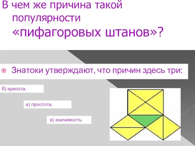 В чем же причина такой популярности «пифагоровых штанов»? Знатоки утверждают, что причин