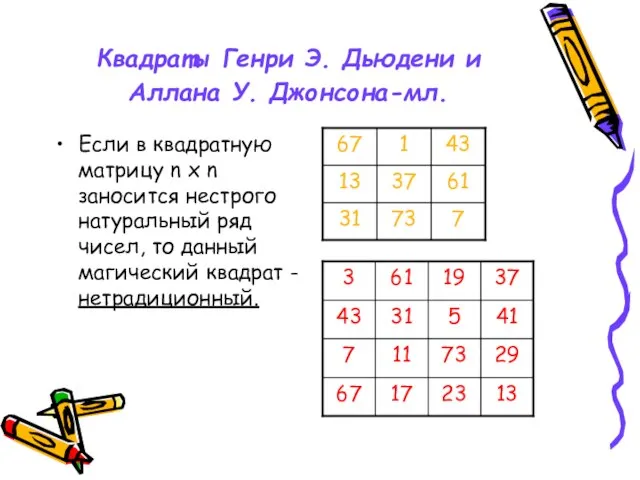 Квадраты Генри Э. Дьюдени и Аллана У. Джонсона-мл. Если в квадратную матрицу