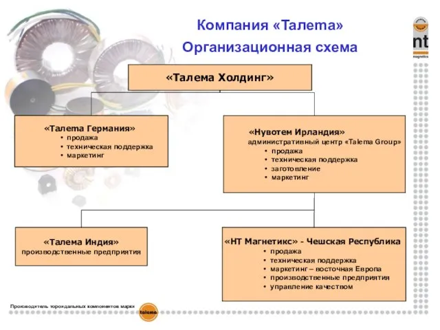 Компания «Taлema» Организационная схема Производитель тороидальных компонентов марки «НТ Магнетикс» - Чешская