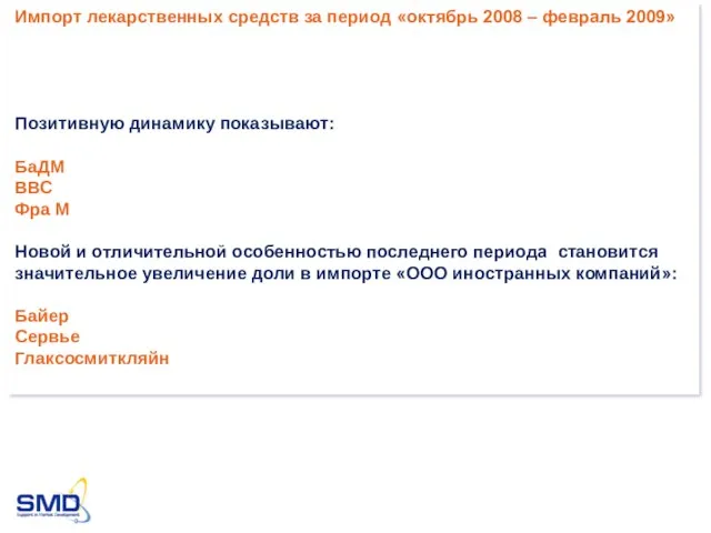 Импорт лекарственных средств за период «октябрь 2008 – февраль 2009» Позитивную динамику