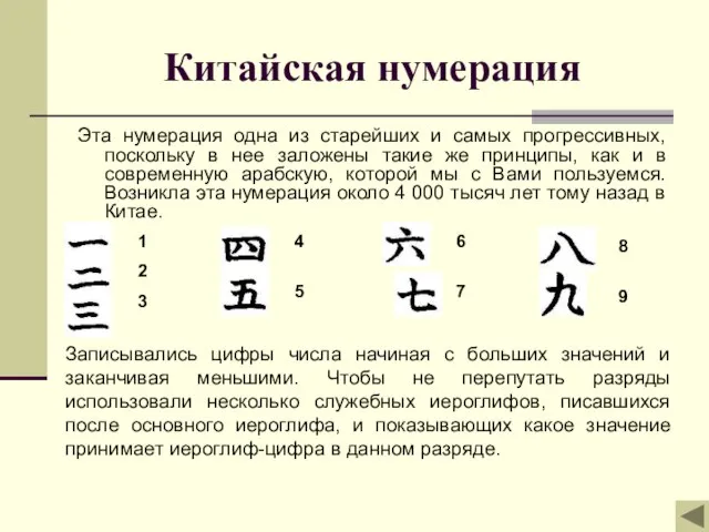 Китайская нумерация Эта нумерация одна из старейших и самых прогрессивных, поскольку в