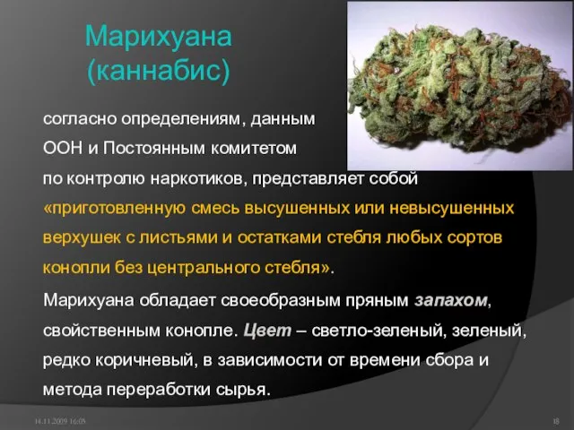 Марихуана (каннабис) согласно определениям, данным ООН и Постоянным комитетом по контролю наркотиков,
