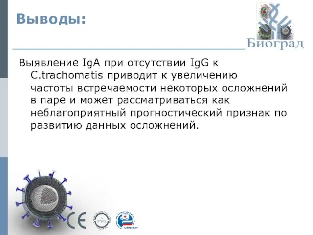 Выводы: Выявление IgA при отсутствии IgG к С.trachomatis приводит к увеличению частоты