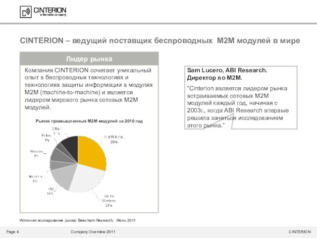 CINTERION – ведущий поставщик беспроводных M2M модулей в мире Источник исследования рынка: