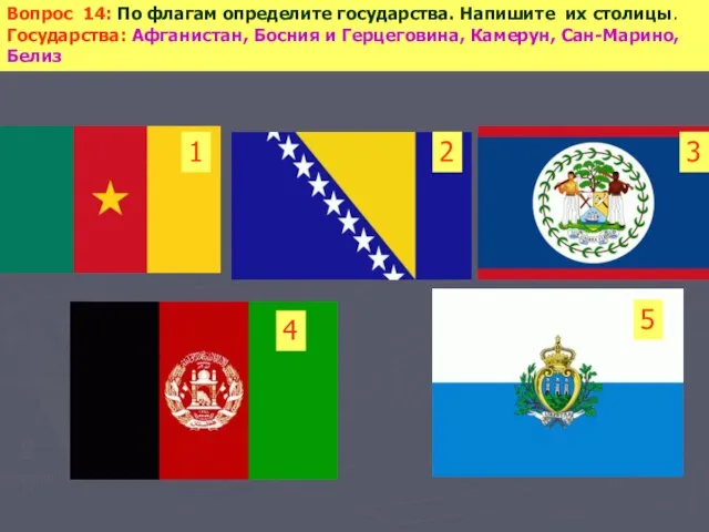 Вопрос 14: По флагам определите государства. Напишите их столицы. Государства: Афганистан, Босния