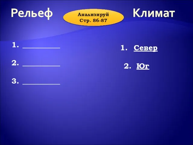 Рельеф Климат Анализируй Стр. 86-87 __________ __________ __________ Север 2. Юг