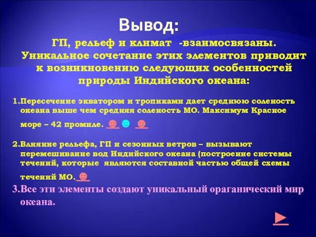 Вывод: ГП, рельеф и климат -взаимосвязаны. Уникальное сочетание этих элементов приводит к