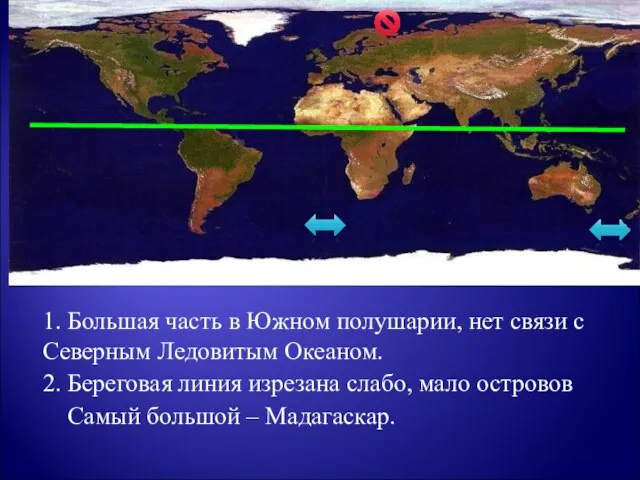 1. Большая часть в Южном полушарии, нет связи с Северным Ледовитым Океаном.