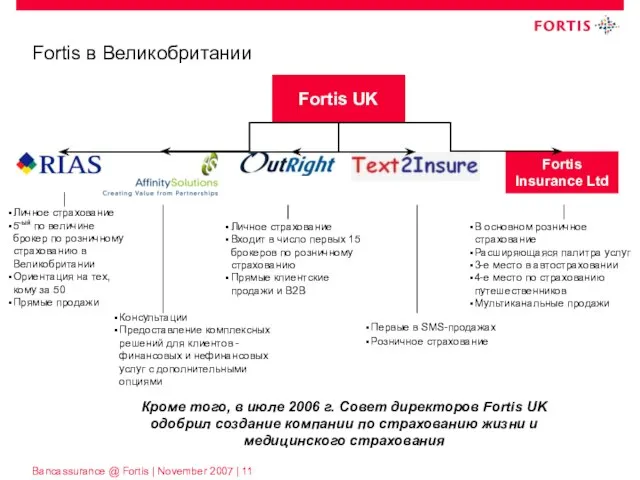 Fortis в Великобритании Личное страхование 5-ый по величине брокер по розничному страхованию