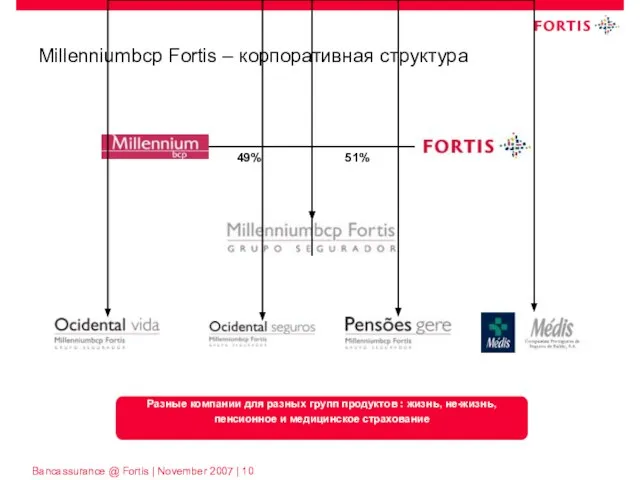 Millenniumbcp Fortis – корпоративная структура 49% 51% Разные компании для разных групп