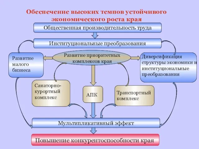 Институциональные преобразования Обеспечение высоких темпов устойчивого экономического роста края Общественная производительность труда Мультипликативный эффект