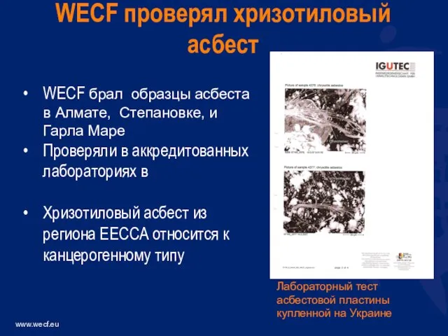 WECF брал образцы асбеста в Алмате, Степановке, и Гарла Маре Проверяли в