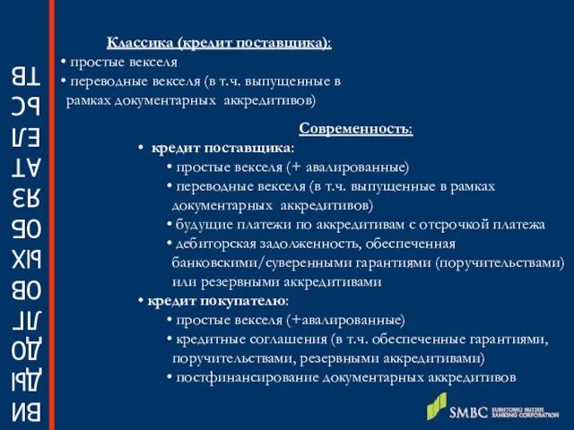 ВИДЫ ДОЛГОВЫХ ОБЯЗАТЕЛЬСТВ Классика (кредит поставщика): простые векселя переводные векселя (в т.ч.