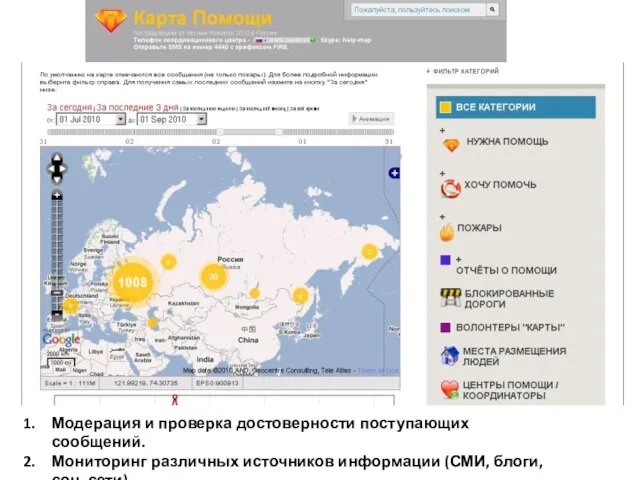 Модерация и проверка достоверности поступающих сообщений. Мониторинг различных источников информации (СМИ, блоги,