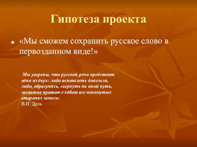 Гипотеза проекта «Мы сможем сохранить русское слово в первозданном виде!» Мы уверены,