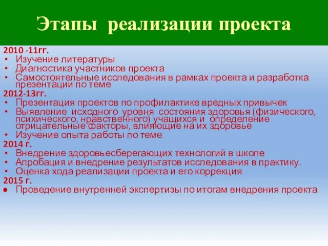 Этапы реализации проекта 2010 -11гг. Изучение литературы Диагностика участников проекта Самостоятельные исследования